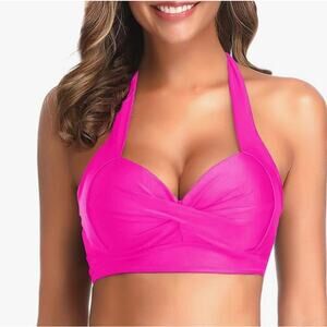 Thick Band Push Up Halter Padded Bikini Swimsuit Top Hot Pink NWT Size 20W